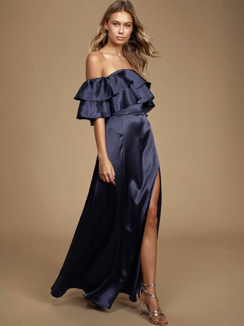 Lulus Pure Happiness Navy Blue Satin Off-the-Shoulder Maxi Dress NWT - Picture 2 of 9